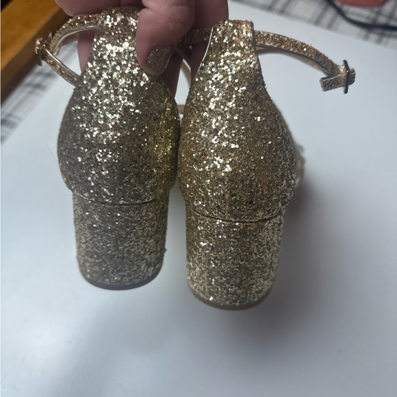 Jewel Badgley Mischka Gold Glittery Faux Jeweled Claudia Block Heeled Sandal 10 - Picture 12 of 16